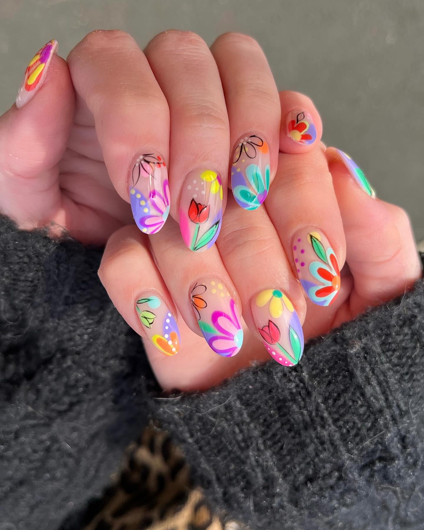 Maximalist rainbow tropical flower nails on sheer and lilac base