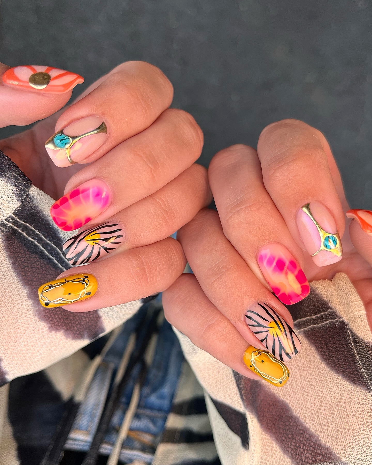 Short square nails with neon tie dye zebra print and palm leaf