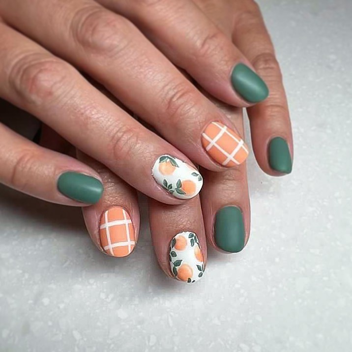 Matte forest green paired with peach plaid and hand-painted peach fruit