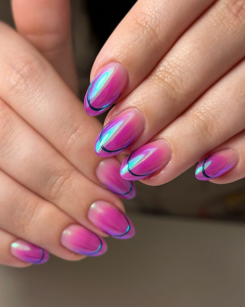 Holographic purple aurora almond nails with fine black line detail at the tips