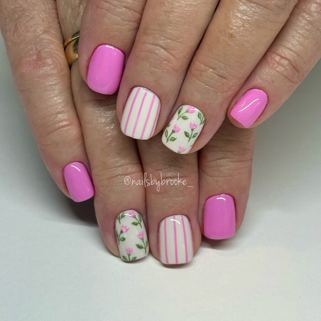 Pink Stripe & Tulips Nails