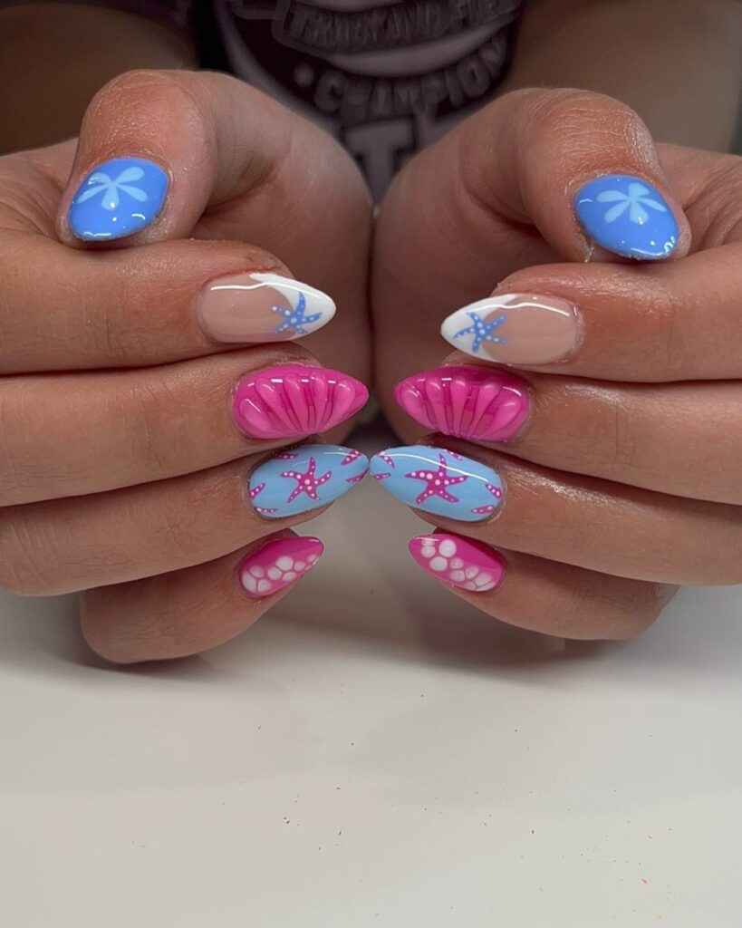 Pink Blue Seashore nails