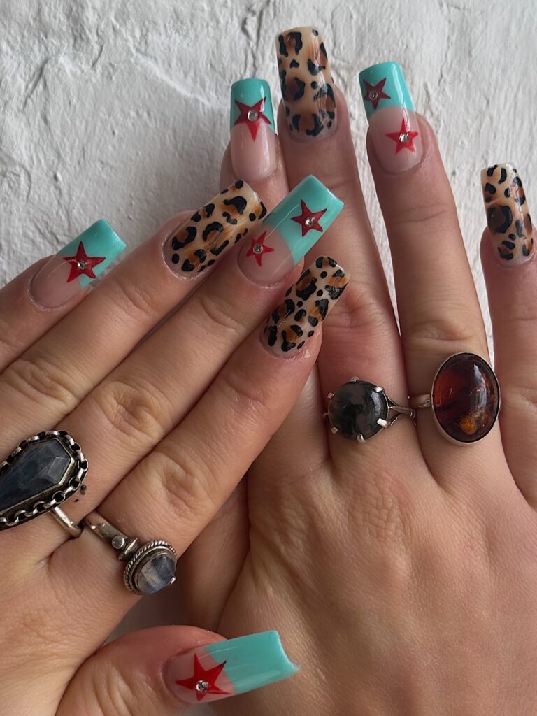 Teal Leopard Stars nails