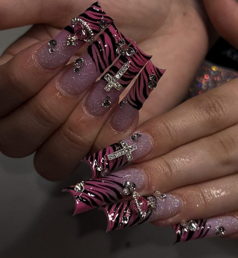 Zebra Cross Crystals nails