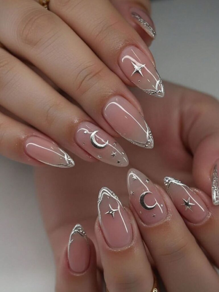 Silver Celestial French nails