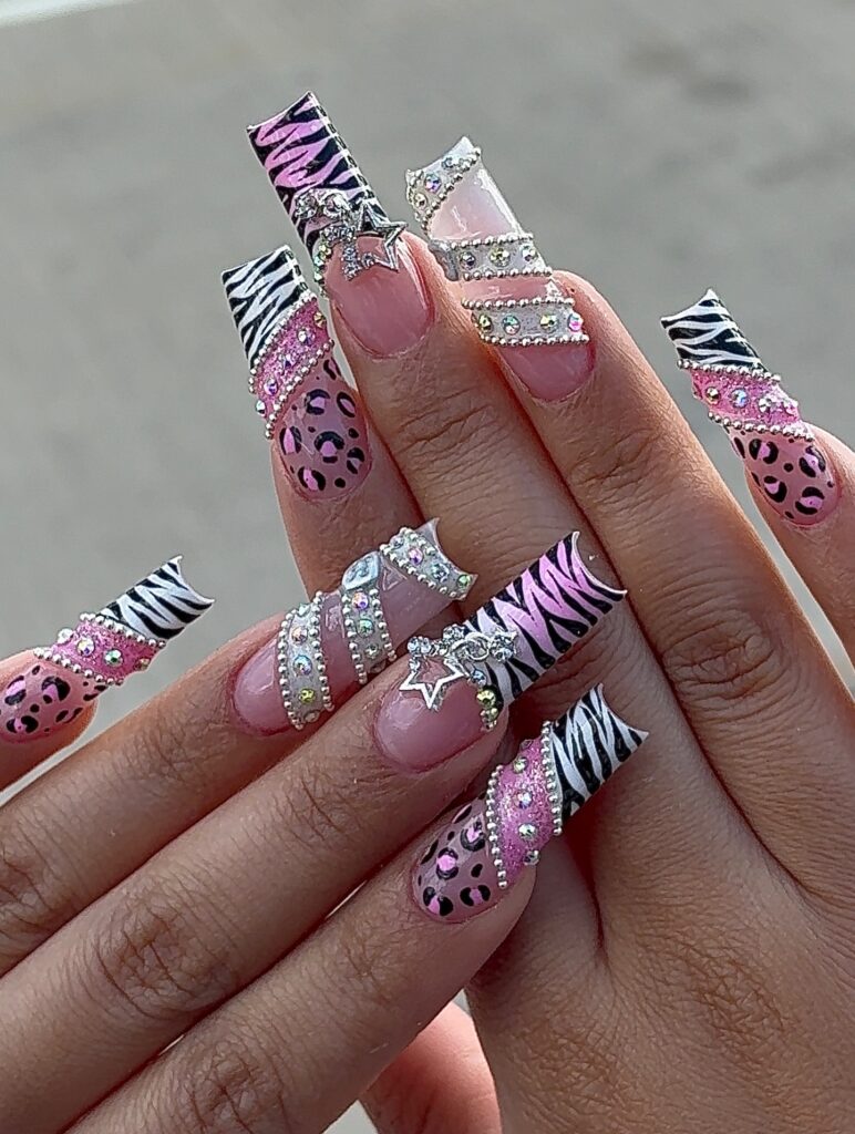 Zebra Rhinestone Glam nails