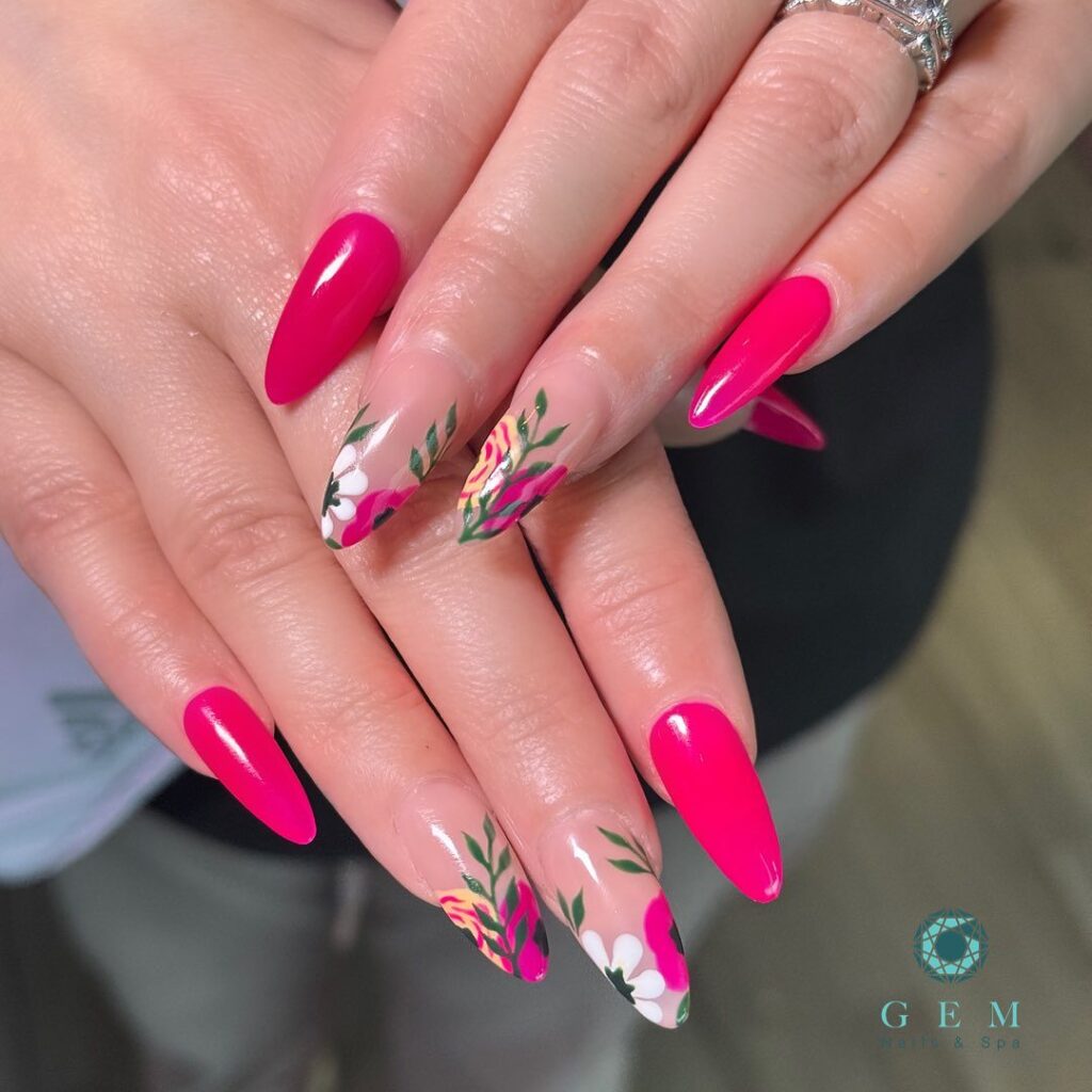 Floral Gold Fuchsia nails