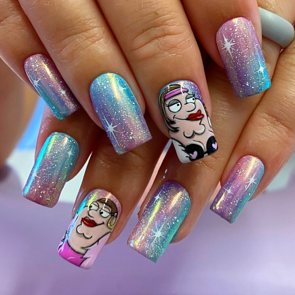 Holographic Cartoon Glam nails