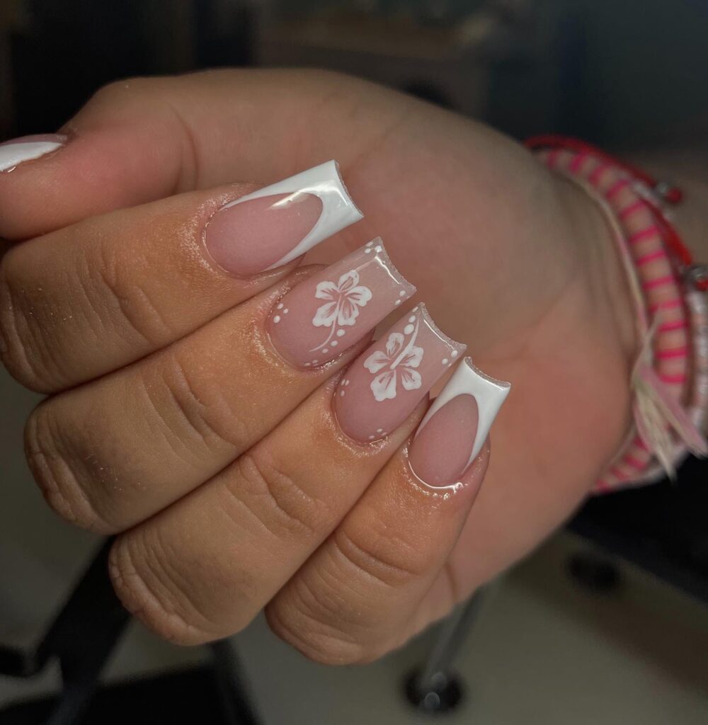 White Hibiscus French nails