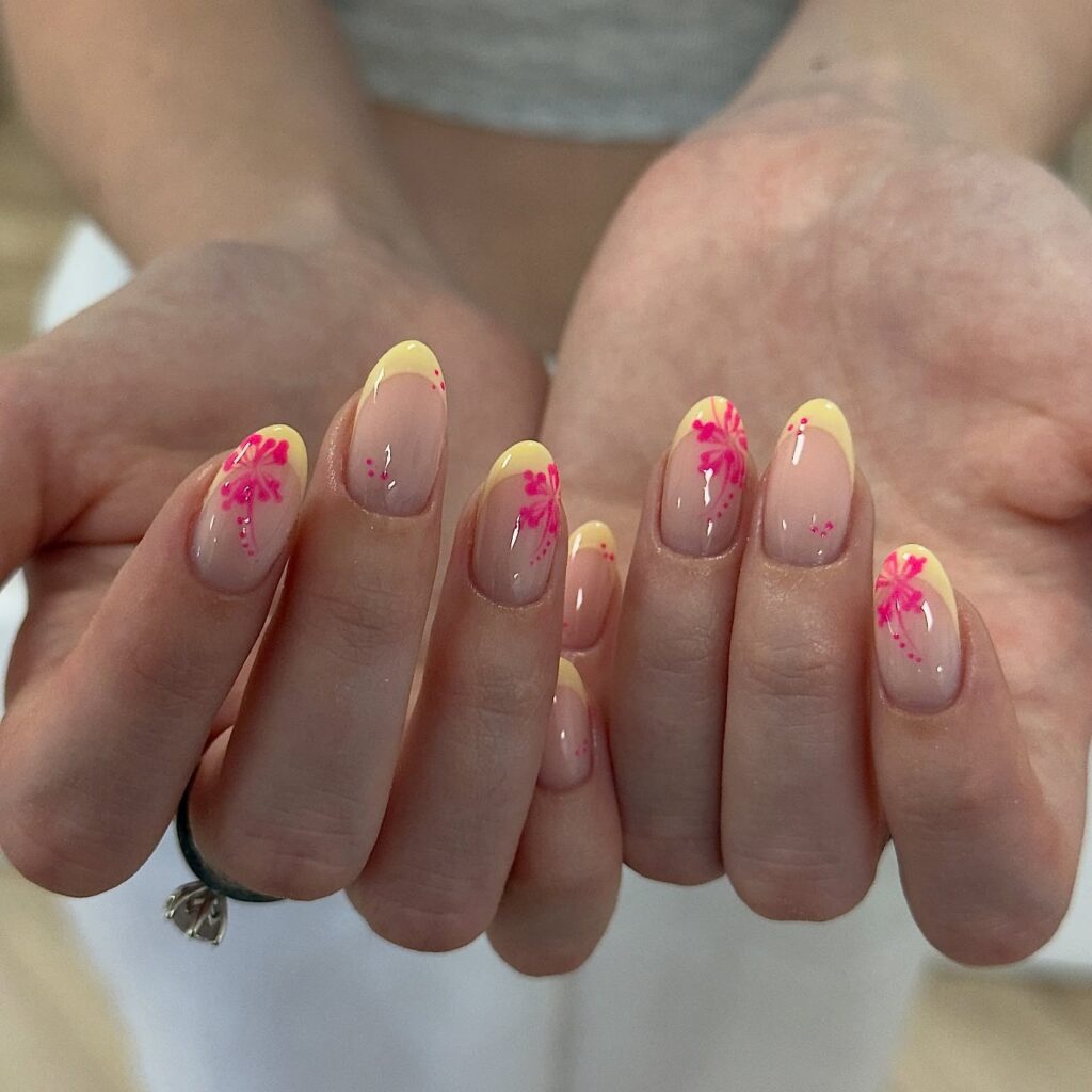 Neon Hibiscus Ovals nails