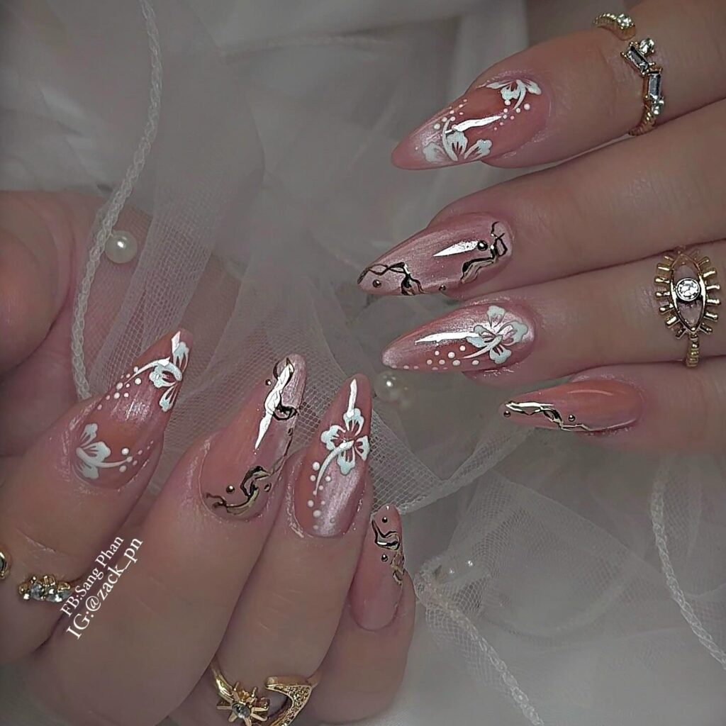 Rose Gold Floral Stiletto nails