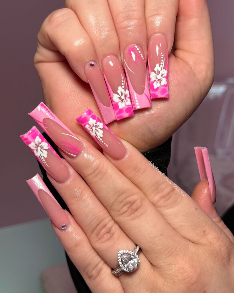 Hot Pink Hibiscus Coffin nails
