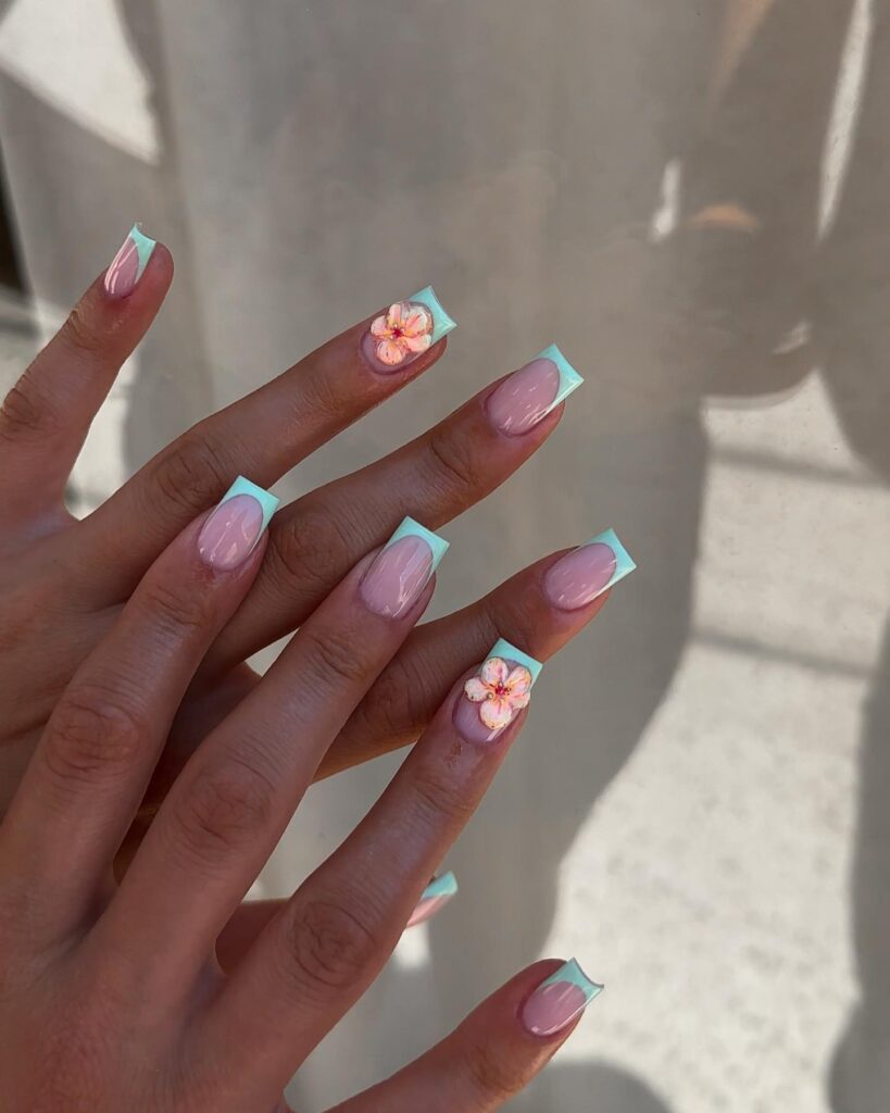 Aqua Plumeria Square nails