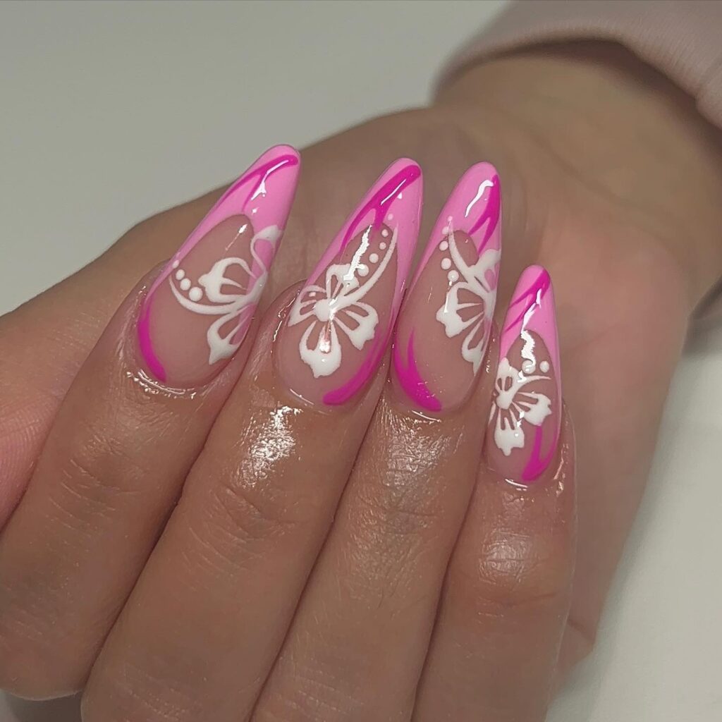 Magenta Swirl Hibiscus nails
