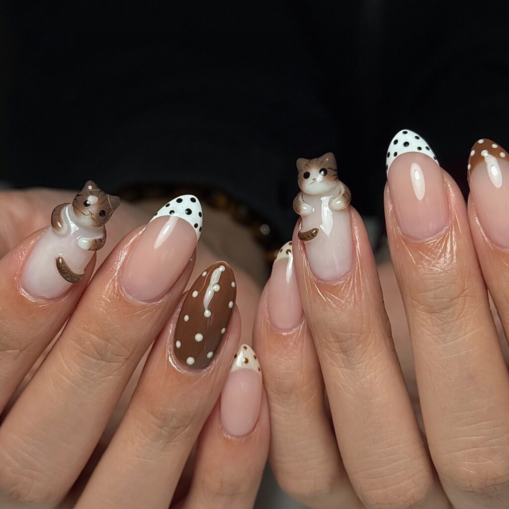 Choco Polka Cats nails