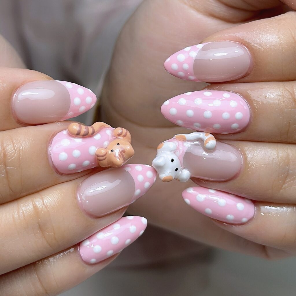 Pink Polka Kittens nails