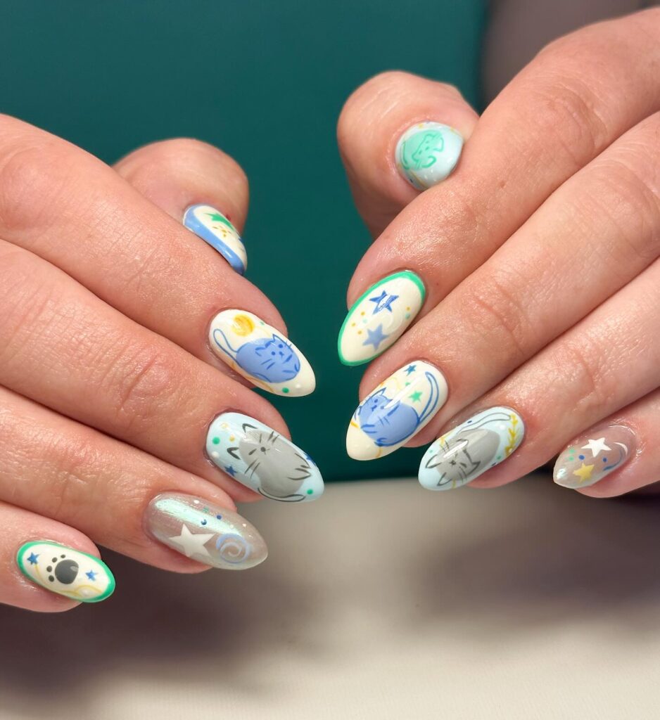 Sky Blue Cat Party nails