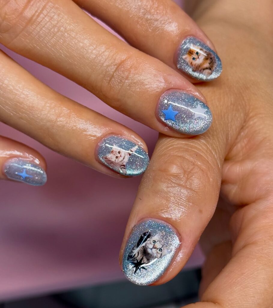 Galaxy Kitten Glitter nails