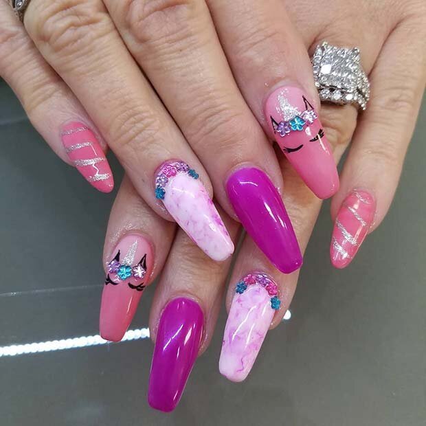 Hot Pink Marble Unicorn nails