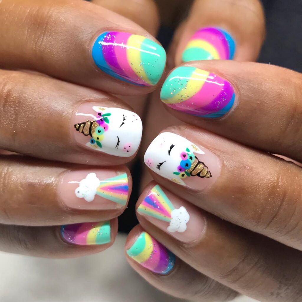 Rainbow Unicorn Face nails