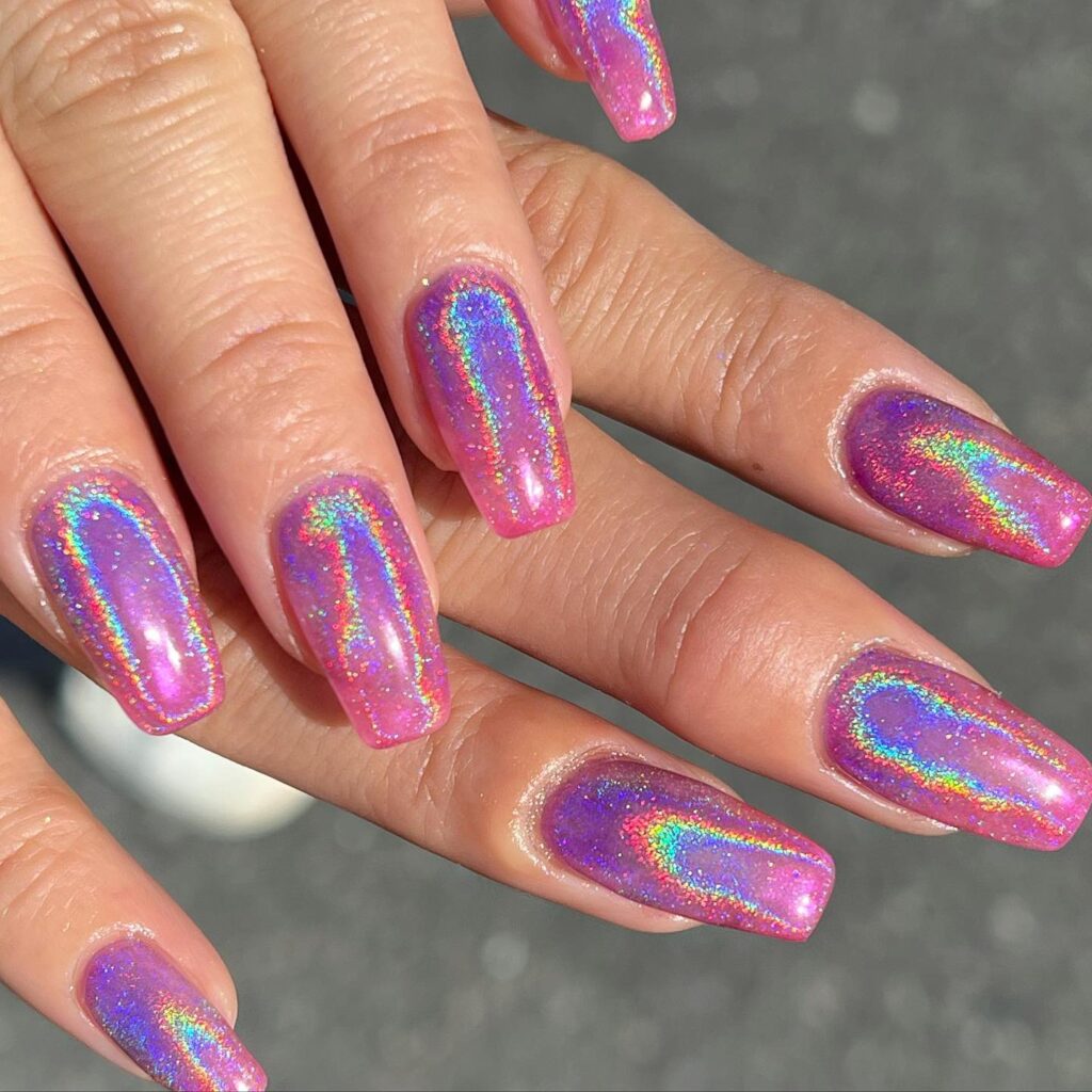 Magenta Holo Coffin nails