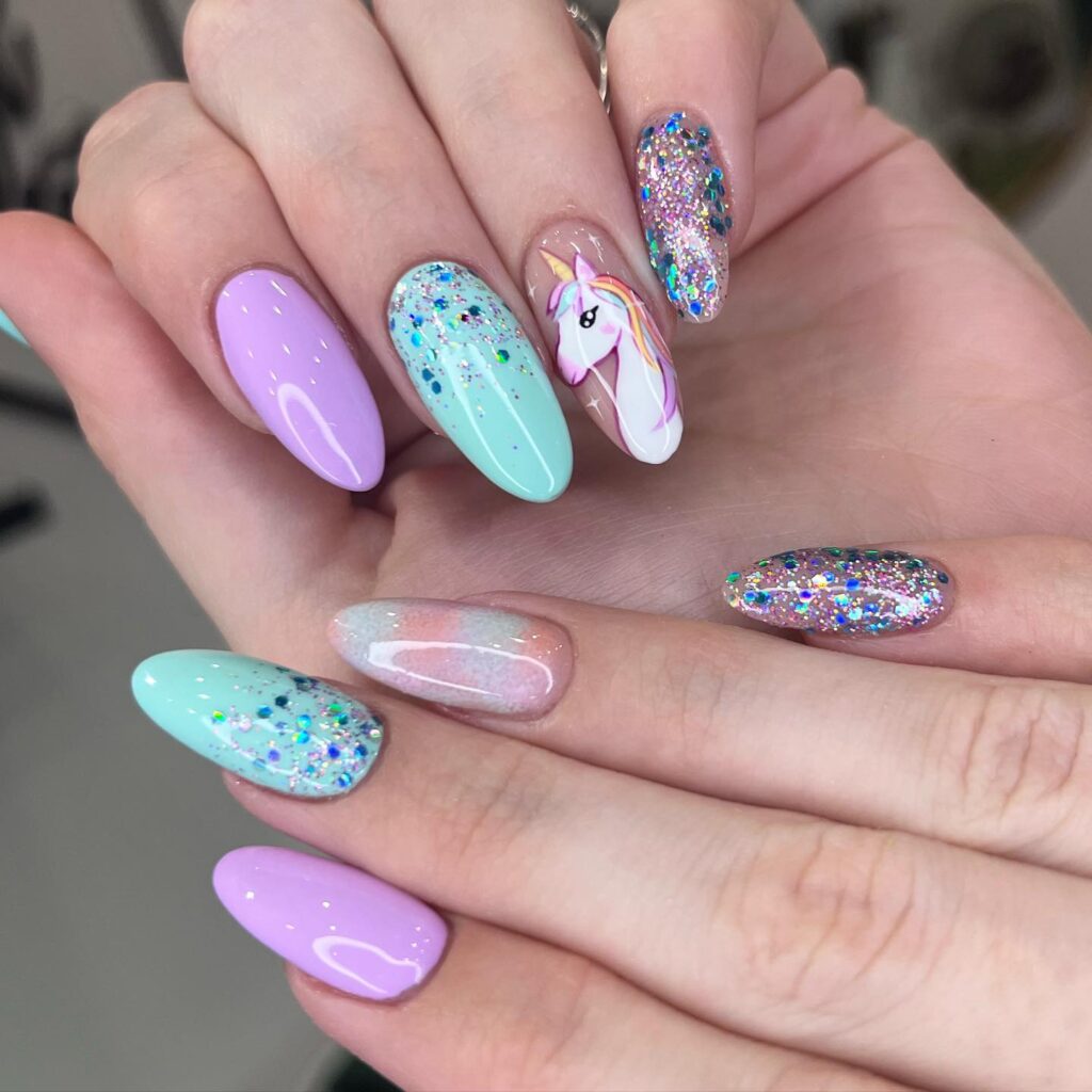Mint Unicorn Glitter nails