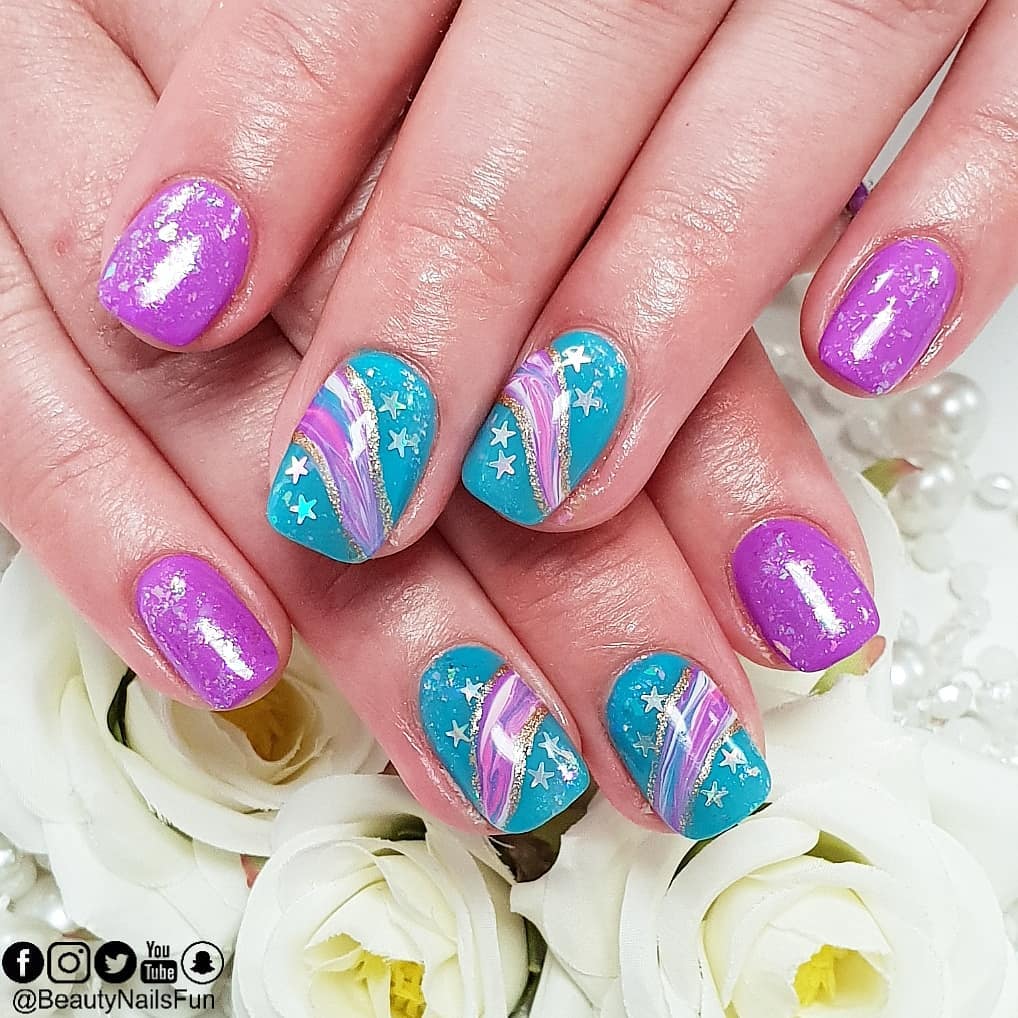 Teal & Purple Stars nails