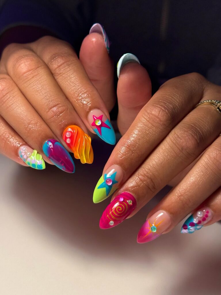 Neon Checker Flames nails