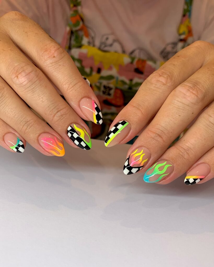 Neon Checker Flames nails