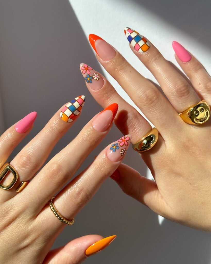 Retro Checker Daisies nails