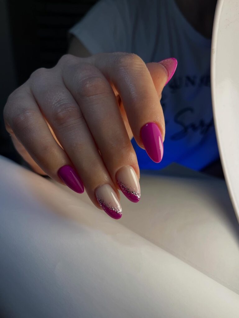 Magenta Glitter French nails