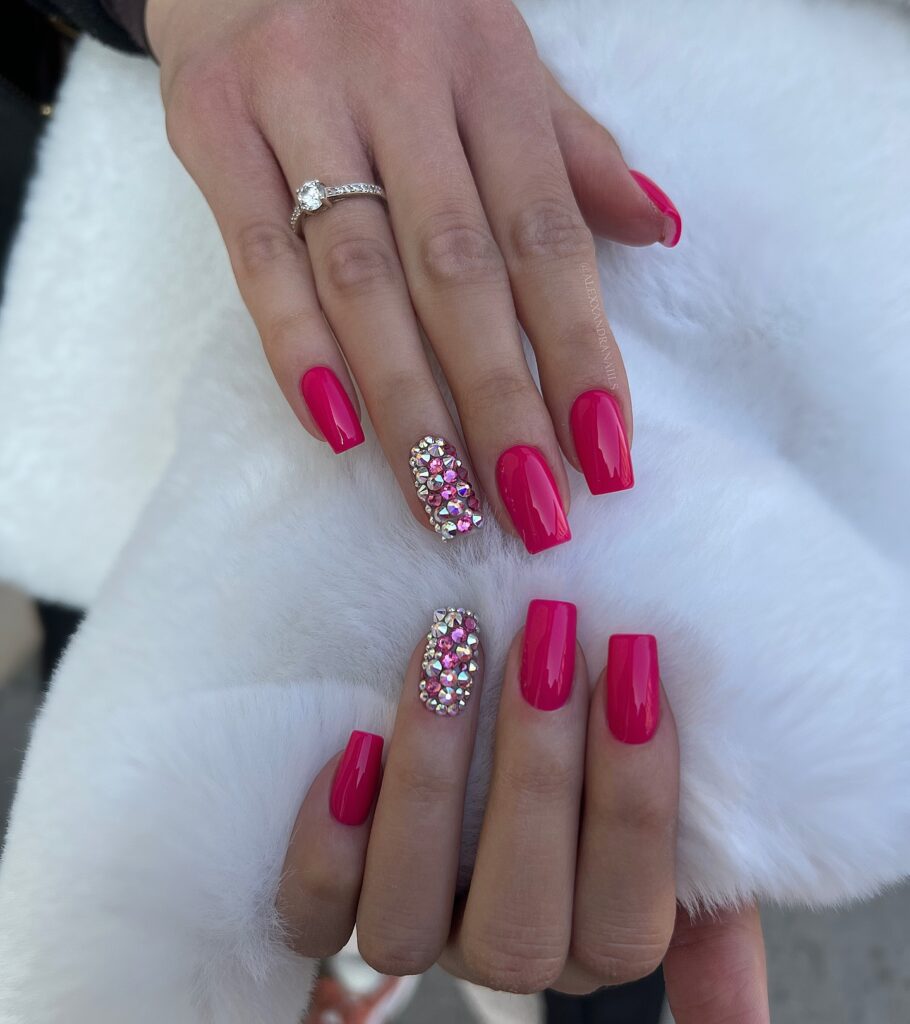 Hot Pink Rhinestone Coffin nails