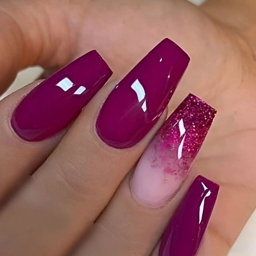 Berry Coffin Glitter Fade nails