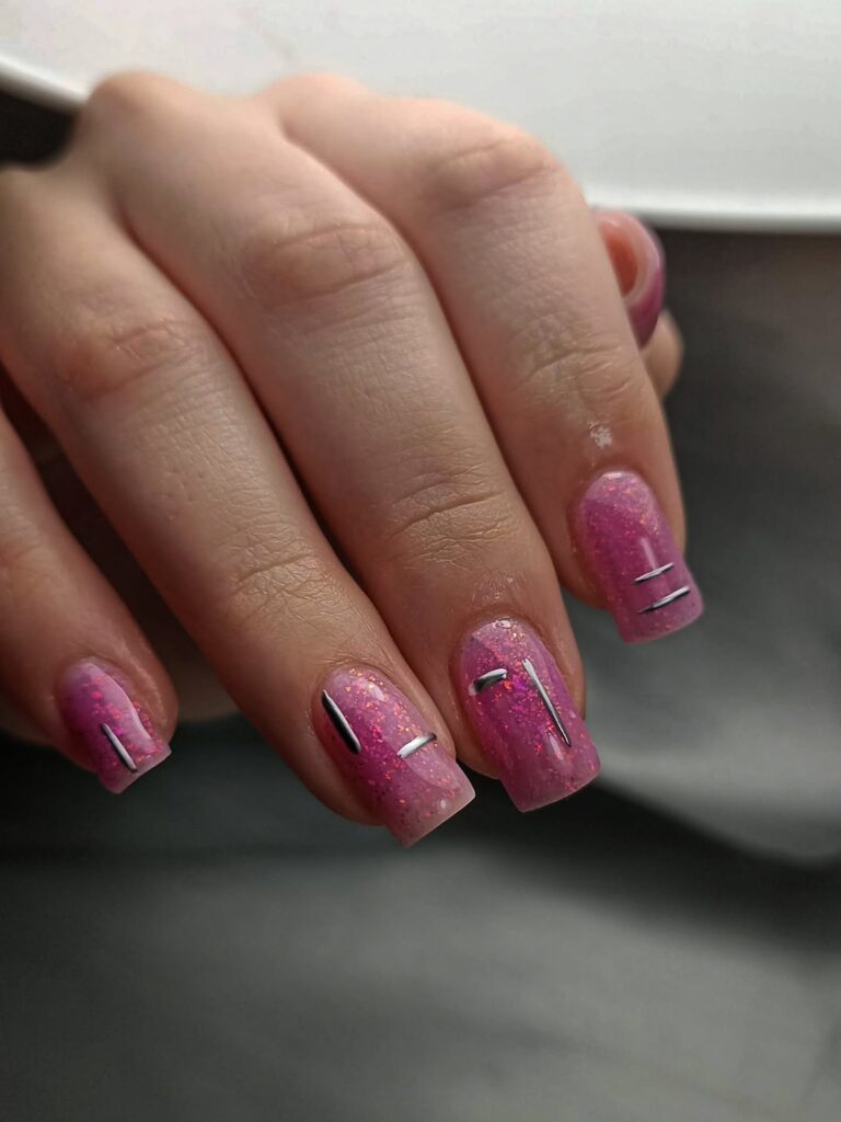 Pink Flake & Silver Lines nails