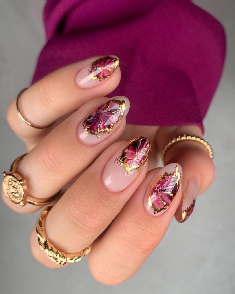 Magenta Marble Gold nails