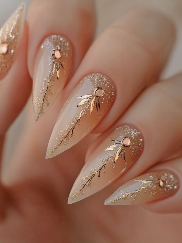 Gold Bow Stiletto nails