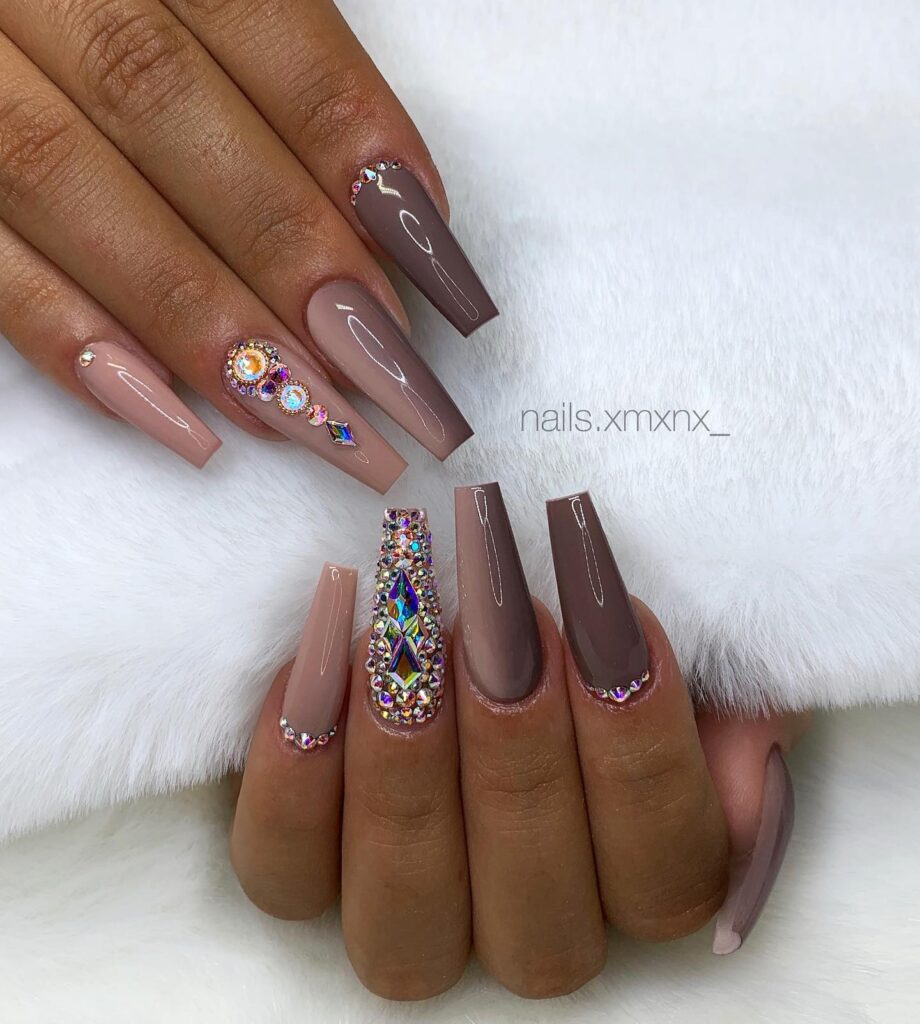 Taupe & Gem Coffin nails