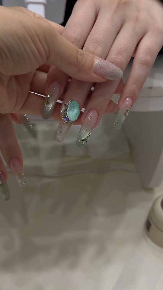 Glazed Seafoam Gems nails