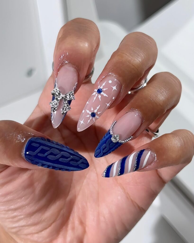 Navy Snowflake Bow nails