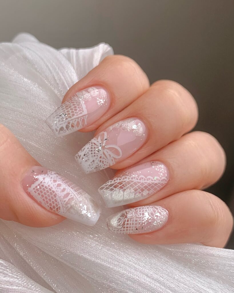 Silver Lace Bow Tips nails