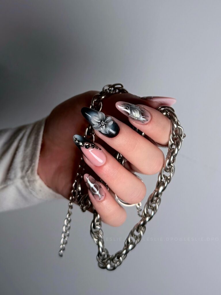 Dark Floral Ombre nails