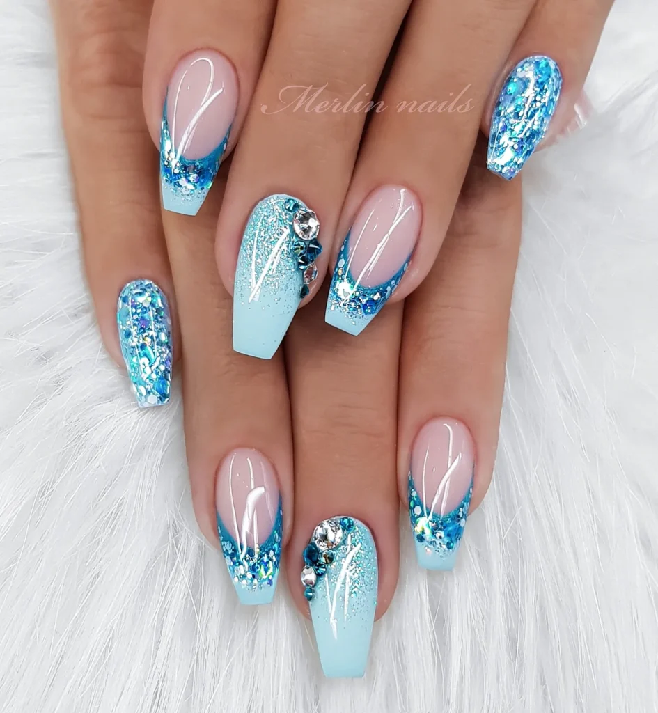 Aqua Gem Glitter nails