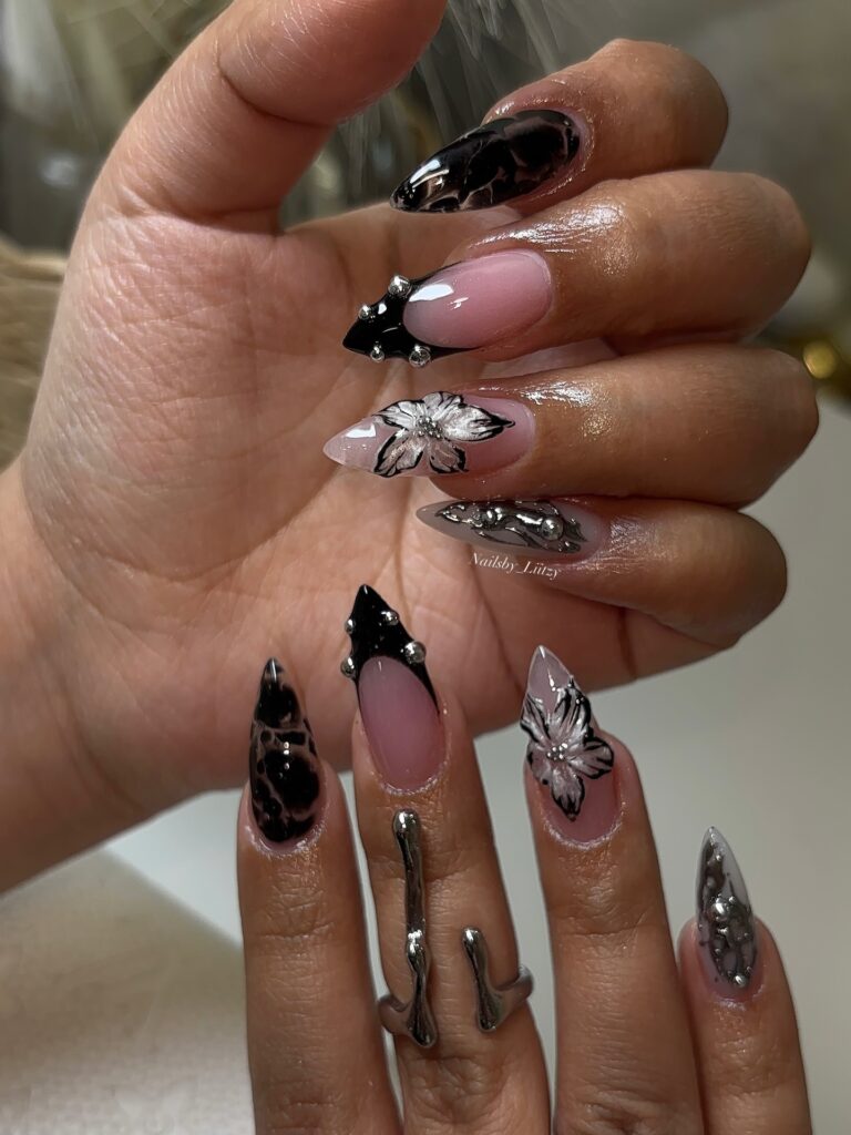 Dark Floral Leopard nails