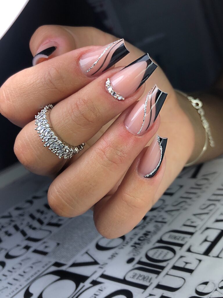 Black French Glitter Lines nails