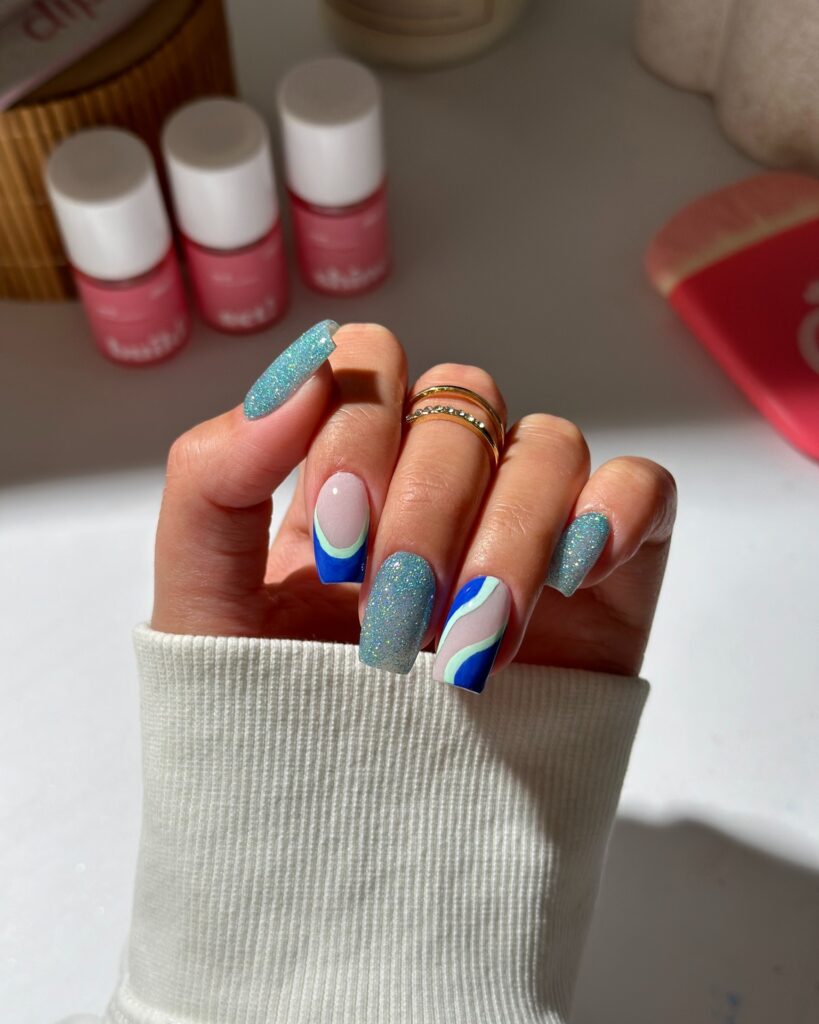 Blue Wave Glitter Nails