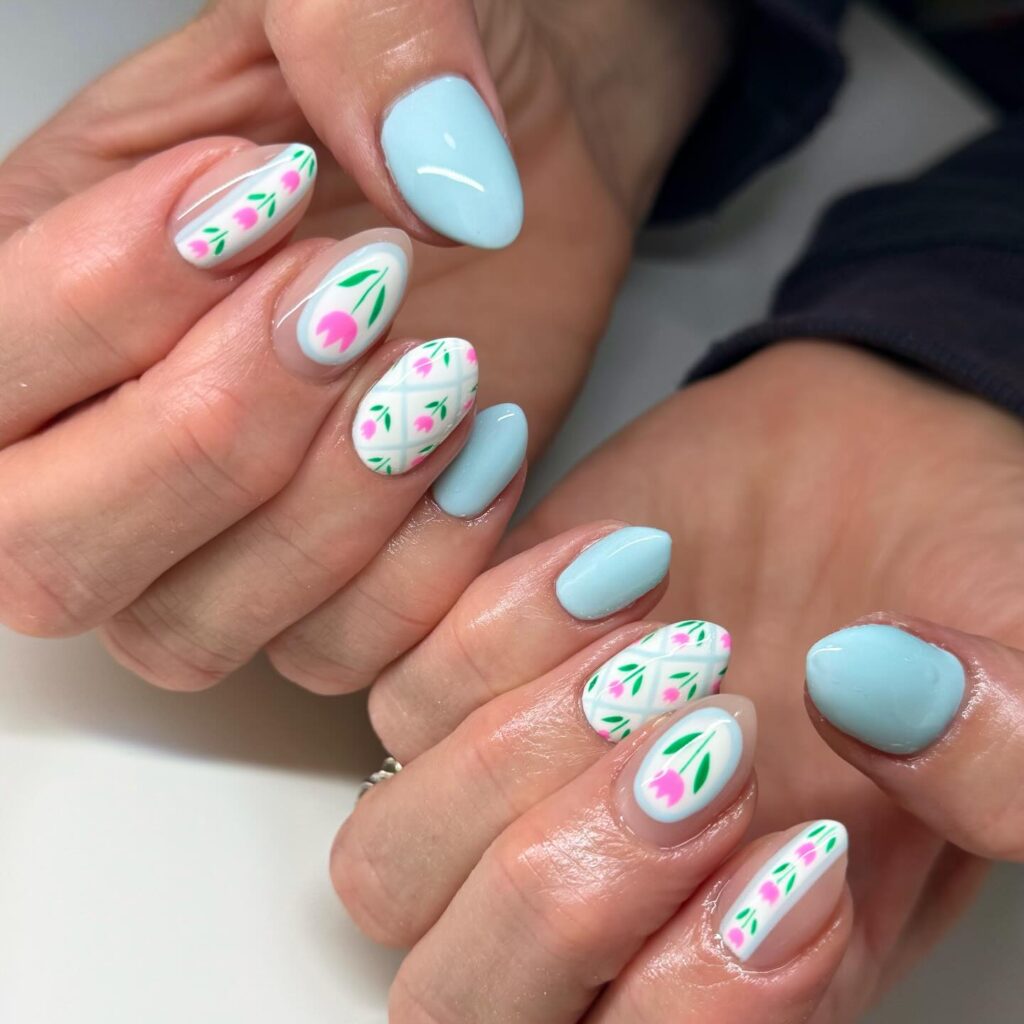Sky Blue & Pink Tulips Nails
