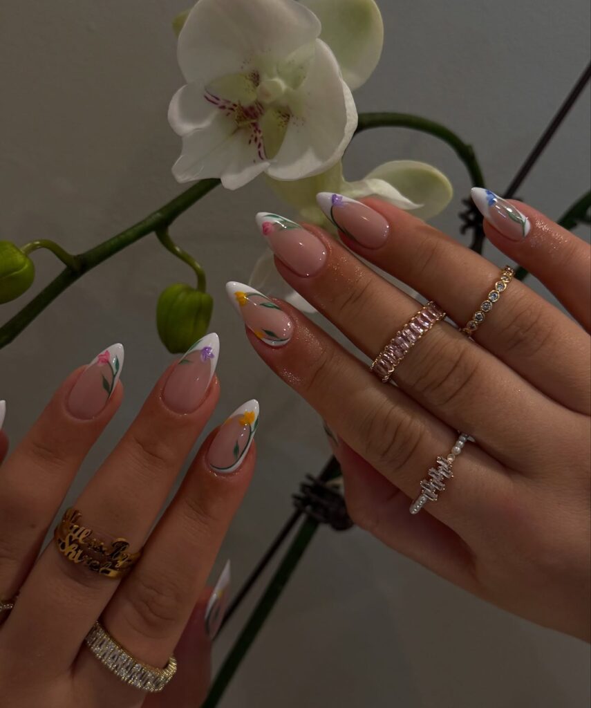 Floral French Almond Nails