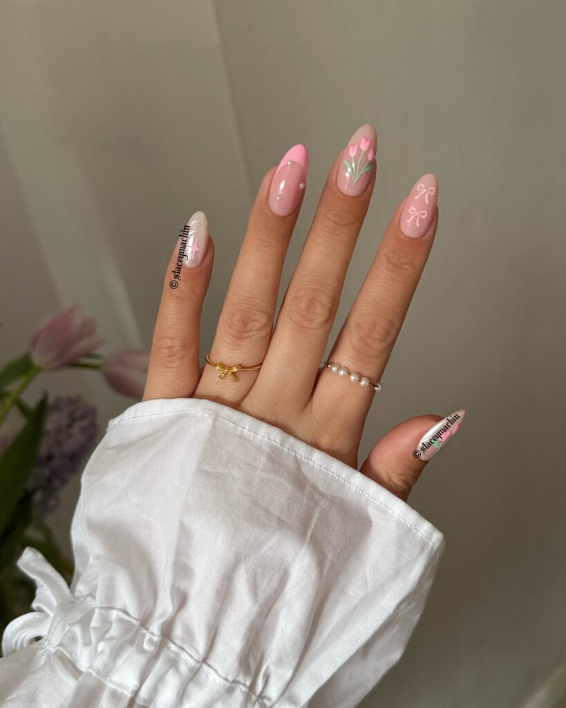 Pink Bow & Tulips Nails