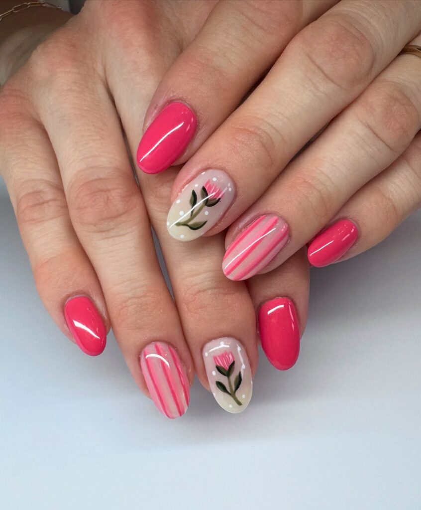 Hot Pink Tulip Accent Nails