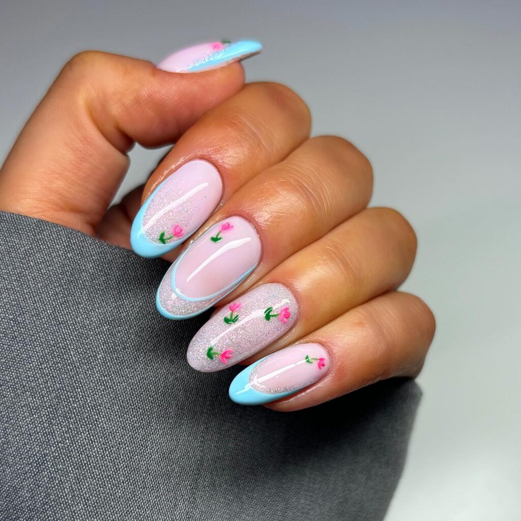 Glitter & Blue French Nails